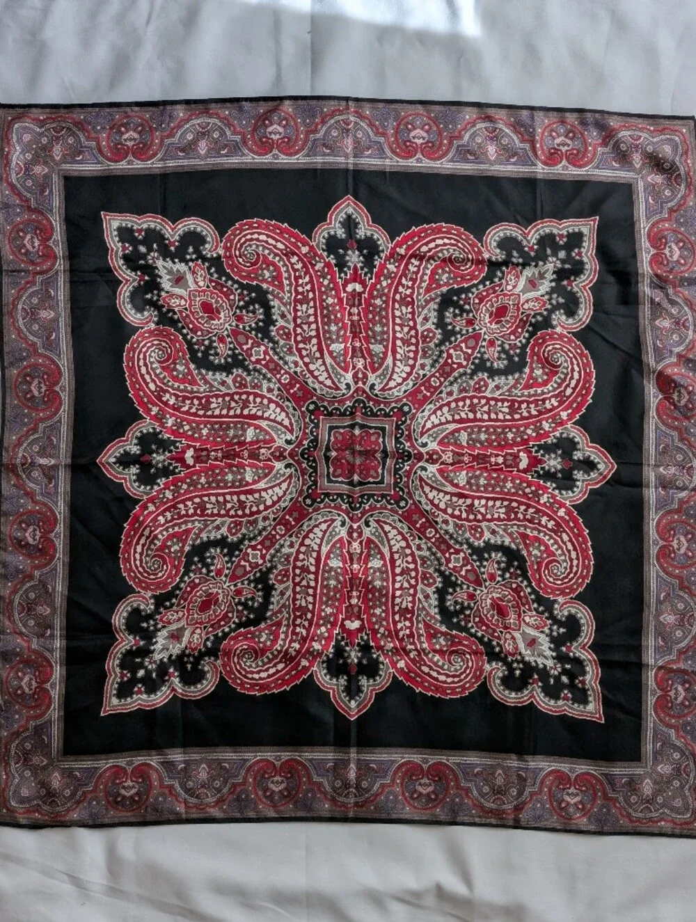 Van Horn Silk Scarf 31x30 Black Red Beige Floral